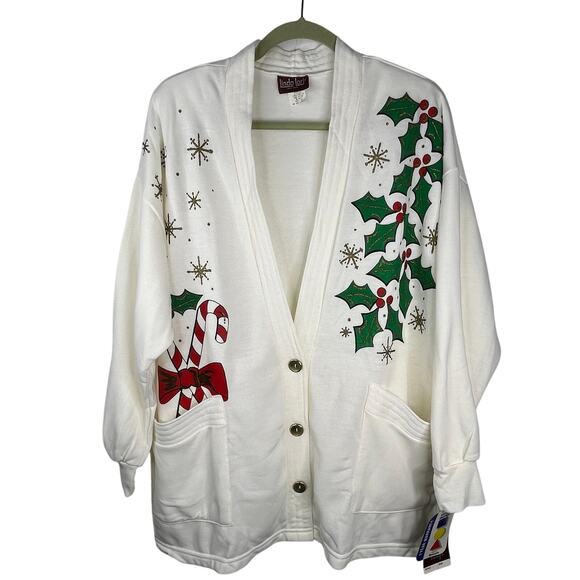 Linda Lori Vintage 90s 80s Deadstock Christmas Sweater Cardigan Oversized OSFM - Picture 1 of 13